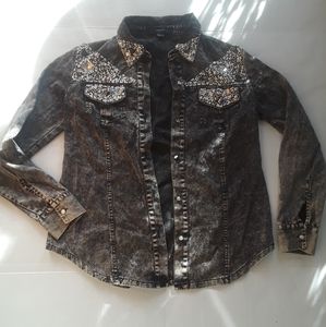 Grey Acid Wash Bedazzled Button Up